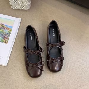 WomenS Shoes Fairy Shoes Round Toe With Increased Height Ballet Shoesbow Flat Mary Jane Shoes Bean Shoes