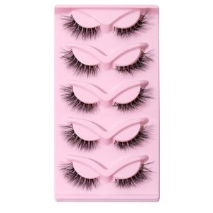 COUPLECOL 5 Pair Dải toàn bộ L cong lông mi giả 3D Kéo dài đuôi mắt Lông mi giả mắt mèo Lông mi Manga Thân cây trong suốt Lông mi giả lông chồn Nối mi