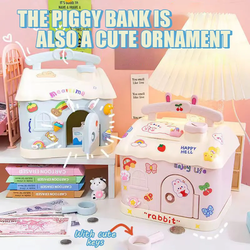 Cottage Piggy Bank with Key Large House Money Coin Bank Box ATM