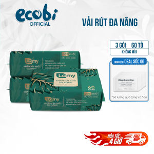 Combo 03 gói khăn vải khô đa năng Lamy gói 60 tờ dạng rút dùng thay khăn mặt tẩy trang tiện lợi