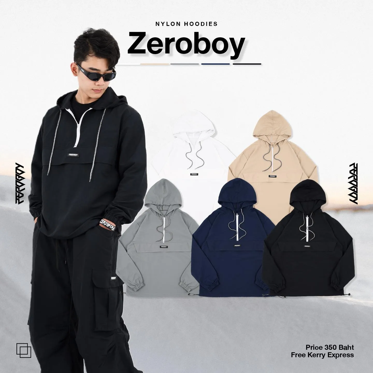 ZEROBOY - NYLON HOODIES “ รุ่น 5 สี สีขาว สีครีม สีเทา สีกรม สีดำ