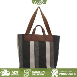 [VSC] Striped Shoulder Bucket Bags For Women Zipper Closure Trendy Canvas Tote Bag Tote Handbag Stylish Tote Bag for Daily Use