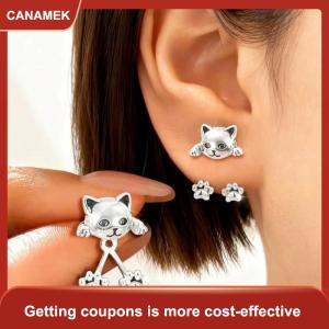 【CANAMEK 】 Vintage Funny Silver Color Cat Earring For Women Cute Animal Cat Paw Back Hanging Earrings Party Banquet Jewelry Gift