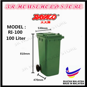 RAYACO 100LT # 120LT# Large Garbage Bin with Wheels/ Green Garbage Bin outdoor/ Tong Sampah