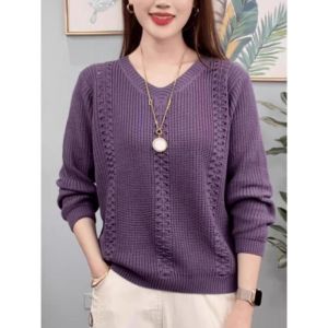 Womens Knitted Sweater Fashionable Loose V-neck Sweater Stylish Slimming Solid Color Top