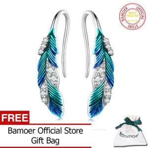 BAMOER 925 Sterling Silver Blue Feathers Earrings Pave Setting CZ for Women Birthday Gift Chic Dazzling Fine Jewelry BSE707