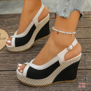 Free Shipping 2026 New Style Platform Fish-Mouth Sandals For Women Featuring A Suede Upper Thick Sole Color-Block Design And A Large Size With A Wedge Heel Perfect For Summer