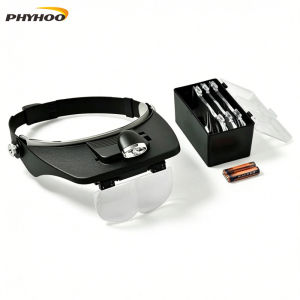 PHYHOO Headband Magnifier with LED Light 4 Lenses Adjustable Head Mount Magnifying Glass for Jewelry Repair Craft Hobby Close Work