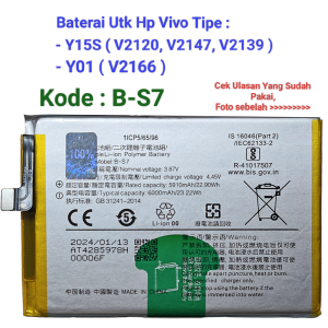 Baterai vivo Y15S / Y01 / B-S7 / BS7 / V2166 / V2120 / V2147 / V2139 batre original batrai