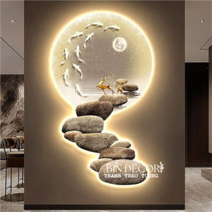 (HÌNH THẬT) Tranh treo tường đèn led hươu trên đá cuội khổ dọc trang trí decor