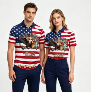 [Local Stock] HBESTY  Couples Clothing USA 250 Patriotic Polo Shirt Men Women American Flag Statue Of Liberty Print Casual Breathable Sportswear Polo
