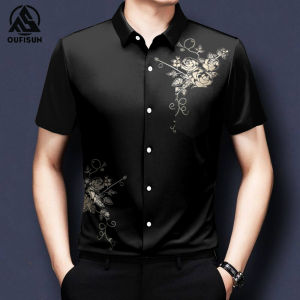 OUFISUN เสื้อเชิ้ตสีดำ เสื้อธุรกิจสีทึบพิมพ์ดอกไม้เสื้อผู้ชายแขนสั้นฤดูร้อนเกาหลีบางขนาดใหญ่เสื้อทำงานธุรกิจผู้ชายแฟชั่นเสื้อ มีช่องกระเป๋า