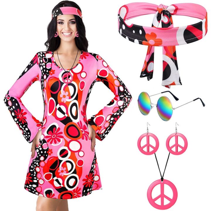 MRYUWB 70s Hippie Dress Costumes Necklace Earrings Sunglass Women Disco  Outfit, 60s Party Costume, Halloween Retro Dresses