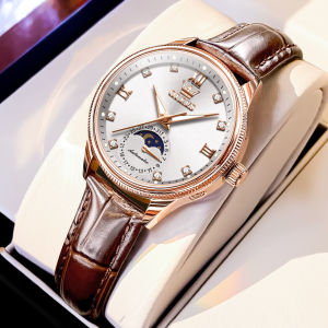 OLEVS 7039 Fashion Women Mechanical Watch Gift Genuine Leather Watchband Round-dial Wristwatch Luminous