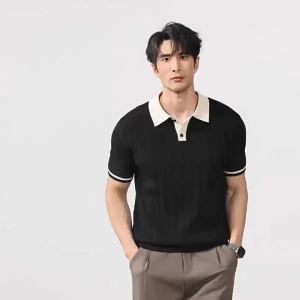 Men Old Money Style Color Block Lapel Polo Shirt Business Commuter Short Sleeve Casual Wear