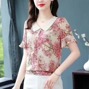 Peter Pan Collar Flare sleeve Elegant Sweet Floral Chiffon shirt Women Short Sleeve Elastic Waist Lapel Tops Lady Ruffle Chiffon blouse Showing Temperament