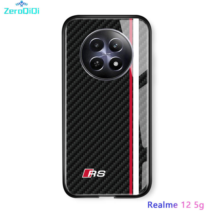 ZeroQiQi Case For Realme 12x 5G Famous Racing Car Logo Phone Case For boys Case Modified Stripe Design Carbon Fiber Tempered Glass Back Cover Casing