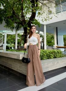 กางเกงขายาวทรงขาบานเอวสูงจับจีบหน้าเนื้อผ้าโพลีเรย้อนพรีเมียม PANTS B1 - Outfits