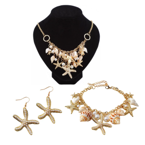 3 in 1 Mermaids Costume Seashells Starfishes Pearls Collar Bin Statement Choker Necklace Bracelet Shell Earring