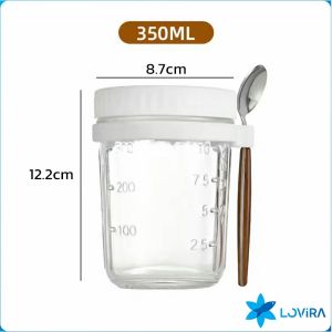 LoviRa 350ml Reusable Overnight Oats Jars With Spoon Airtight Oatmeal Cup Container Breakfast Cups