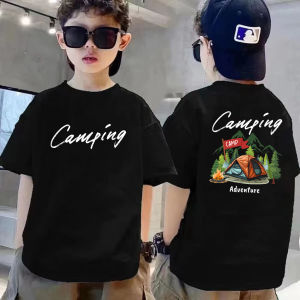 Camping V.2 แคมป์ปิ้ง เสื้อยืดเด็ก สีดำ ขาว  คอกลม ผ้า Cotton 100%