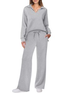 Long Sleeve V-Neck Sweatshirt and Wide Leg Pants Set for Women casual sports suit Long-sleeved V-neck sweatshirt + wide-leg pants two-piece suit for women