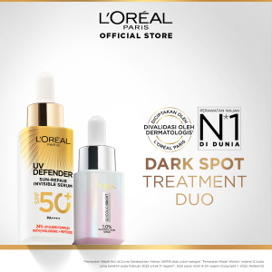 LOreal Paris Dark Spot Treatment Duo (UV Defender Sun-Repair Invisible Serum Sunscreen 2-in-1 SPF 50+ PA++++ 30ml + Glycolic-Bright 1.0% Glycolic Acid Serum 15ml)