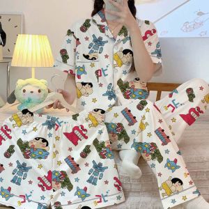 CHARMI 3Pcs Short Sleeve Crayon Shin-chan Pajamas Milk Silk Loose Crayon Shin-chan Sleepwear Casual Trousers Cartoon Nightwear Set Women
