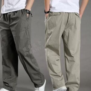 Spring and Autumn Thin Mens Casual Pants Large Size Cargo Pants Loose Fit Middle-aged Mens Long Pants Pure Cotton Straight Elastic Waist