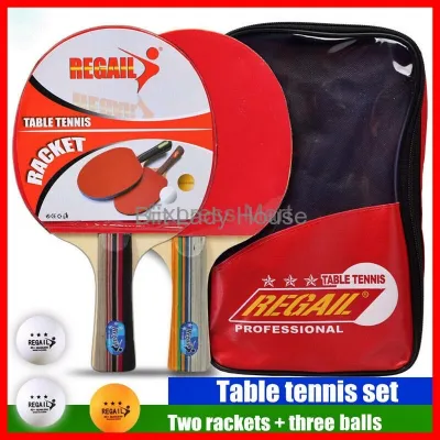 (READY STOCK) Regail 8010 Professional Table Tennis Ping Pong Racket - 2 Long Handle Shake Hand Open Grip Bat Paddle with 3 PingPong Ball for School Sport / Training / Indoor Outdoor Competition Sports