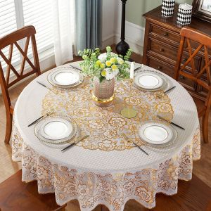 4/6/8/10 Seats Round Gold Tablecloth Waterproof Oil Proof Mantel Table Cover Dining PVC Table Cloth PVC Advanced Dining Home Tablecloth