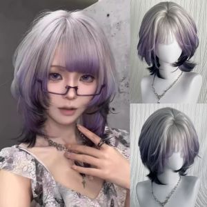 STARGOODS Synthetic Gradient Purple Black Layered Wig Ombre Anime Medium Straight Hair Full Head Cover Natural Jellyfish Wig with Bangs for Women
