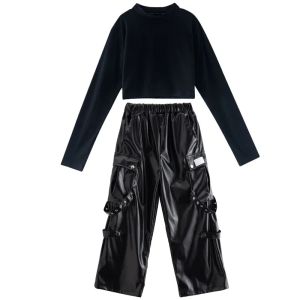 Kid Hip Hop Clothing T Shirt Crop Top Wine Red Arm Sleeve Faux Leather Casual Cargo Pants for Girl Jazz Dance Costumes Clothes2026