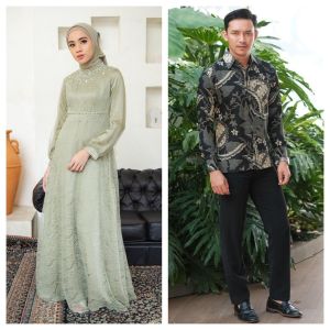 NADINE COUPLE DRESS DAN KEMEJA BATIK EXCLUSIVE GAUN PESTA KONDANGAN MUSLIM BAJU LEBARAN BROKAT MEWAH ELEGAN