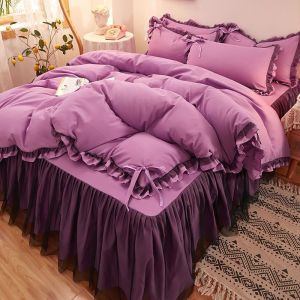 Bed Skirt Four-Piece Set Korean Version Thickened Brushed Anti-Slip Bed Cover Lace Ruffle Three-Piece Set Princess Style Bedding LZD