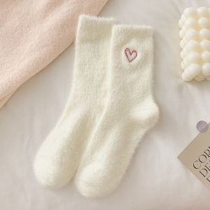 Rosy Recess Fluffy Mink-like Mid-Calf Socks for Women with Embroidered Heart Design Warm and Soft Autumn/Winter Sleep Socks