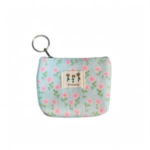 Damda Corduroy Floral Mini Coin Pouch with Keychain | Small Zipper Wallet