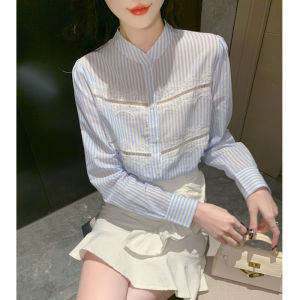 AMMIN 2024 Autumn new Blue Striped long-sleeved commuter chiffon blouse Womens Korean version Sweet Embroidered Floral lace single-breasted elegant Blouse