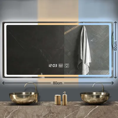 Bathroom LED Mirror Decorative Wall Mounted Rectangle Frameless Front Lighting Smart Bathroom Dresser Beauty Makeup Mirror Dual Touch HD Mirror Time Temperature Display Tri-color Dimmable