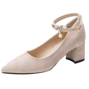 Free Shipping Elegant Pointed-Toe Lace-Up Pearl Flats For Women Mid-Heel 2026 Spring New Collection Princess-Style Chunky Heel High Heels For Women