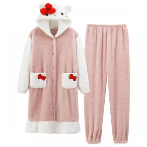 2Pcs Winter New Cartoon Hellokitty Coral Velvet Pajamas Female Sanrio Thickened Plush Homewear Suit Robe Anime Pajamas Home Wear