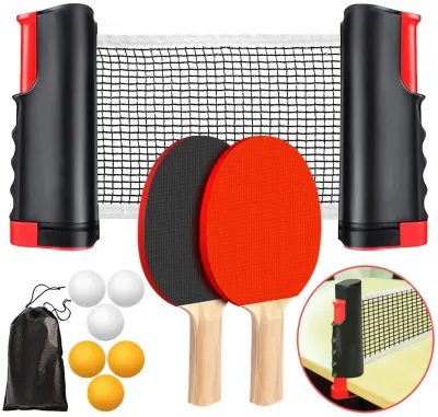 Table Tennis Ping Pong Paddle Set Portable Set with Retractable Net 2 Rackets 4 Balls and Carry Bag for Children Adult