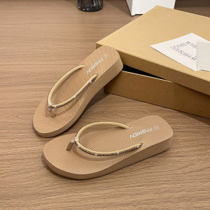 [Free Shipping] WomenS Summer Outdoor Flip-Flops Non-Slip Wedge Heel Angled Design Non-Slip Beach Sandals Embellished With Rhinestones