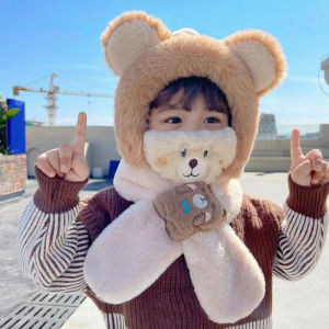 หมวกผ้าพันคอหนึ่งชิ้นสำหรับเด็กฤดูหนาว + หน้ากากการ์ตูนน่ารัก1-6year ฝาครอบป้องกันหูเด็กผ้ากำมะหยี่ขนยาวผ้าพันคอไขว้หมวกบีนนี่อบอุ่น