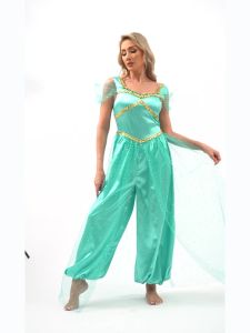Womens Arabic Arabian Princess Jasmine Cosplay Costume Sequin Trim Pumpkin Pants Belly Carnival Overlay Romper Jumpsuit2026