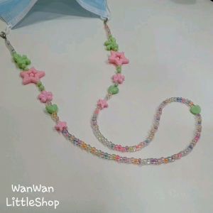 สายคล้องแมส ลายดาวใหญ่ ดอกไม้ สีชมพู เขียว งานHandMade ลูกปัดร้อย ขนาด 4 mm