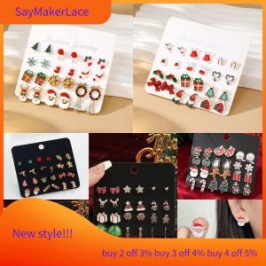 READY STOCK✨ 24Pcs Christmas Earrings Set For Women Small Shiny Zircon Xmas Tree Santa Claus Snowflake Earring Party Jewelry Accessories Gift
