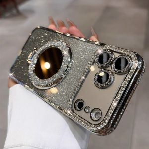 for Magsafe Glitter Diamond Mirror Bracket Case for iPhone 17 16 15 Pro Max 14 Plus Air 11 12 13 Stand Make Up Lens Film Cover