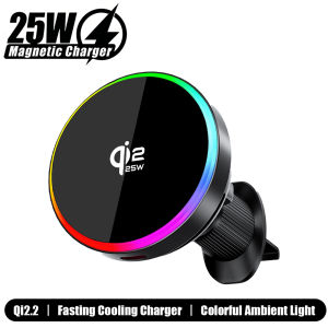 Giá đỡ bộ sạc không dây từ tính trên ô tô Qi2.2 25W đèn RGB giá đỡ điện thoại làm mát không khí cho Magsafe iPhone 17 Pro Max Samsung S26 Ultra2026