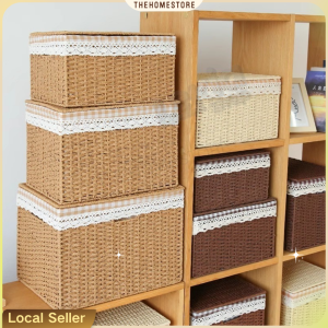 High-capacity Foldable Storage Basket with Plaid Lining with Lid& Handle Imitate Rattan Weave Bakul Simpanan